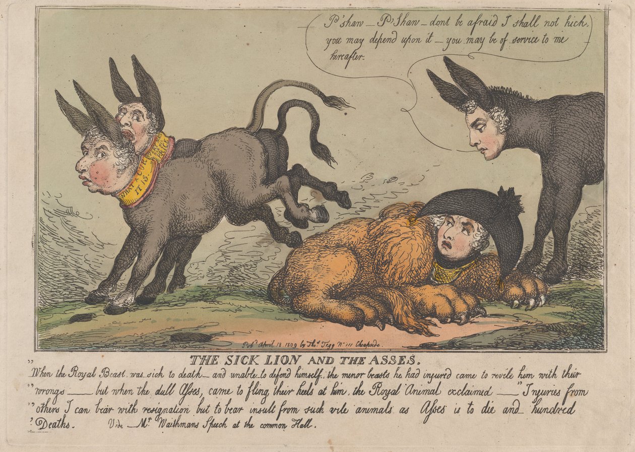 Sairas leijona ja aasit, 18. huhtikuuta 1809, 18. huhtikuuta 1809. tekijältä Thomas Rowlandson