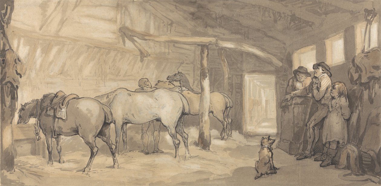 The Stable of an Inn, n. 1790 (grafiitti & kynä & muste & akvarelli paperille) tekijältä Thomas Rowlandson