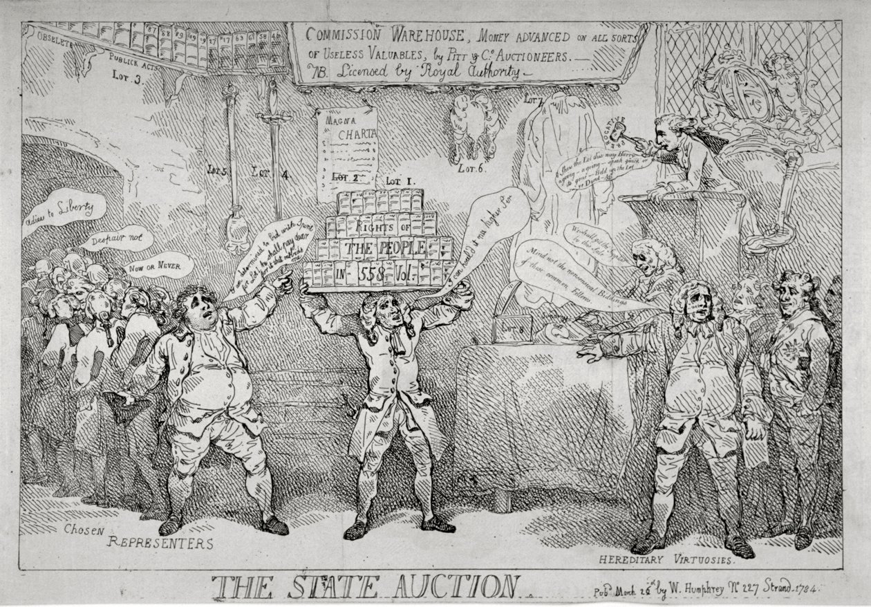 "Valtion huutokauppa", 1784 tekijältä Thomas Rowlandson