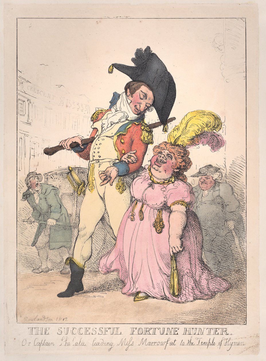 Menestynyt Onnenmetsästäjä eli kapteeni Shelalee Leading Miss Marrowfat..., [1802], julkaistiin uudelleen 1812. tekijältä Thomas Rowlandson
