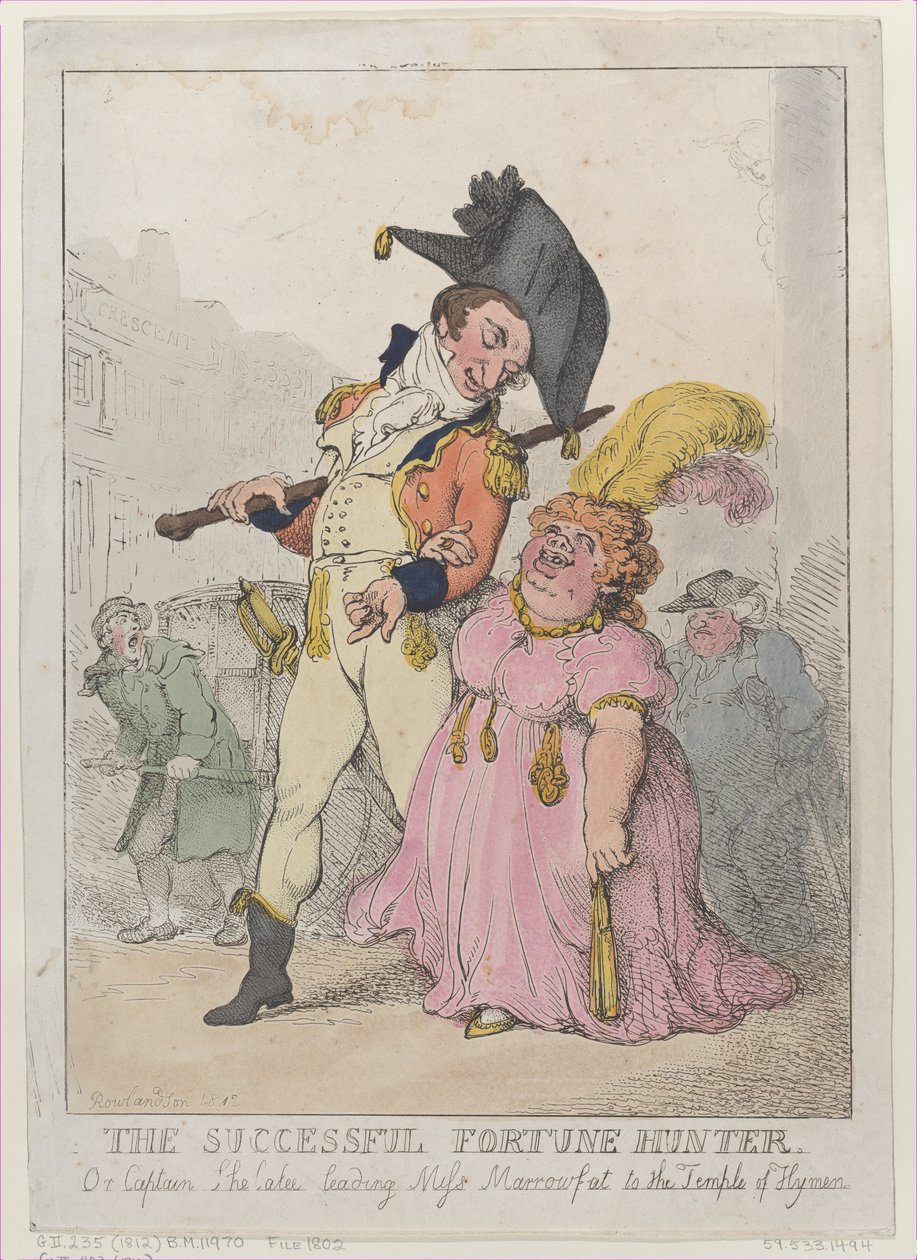 Menestynyt Onnenmetsästäjä eli kapteeni Shelalee Leading Miss Marrowfat..., [1802], julkaistu uudelleen 1812. tekijältä Thomas Rowlandson