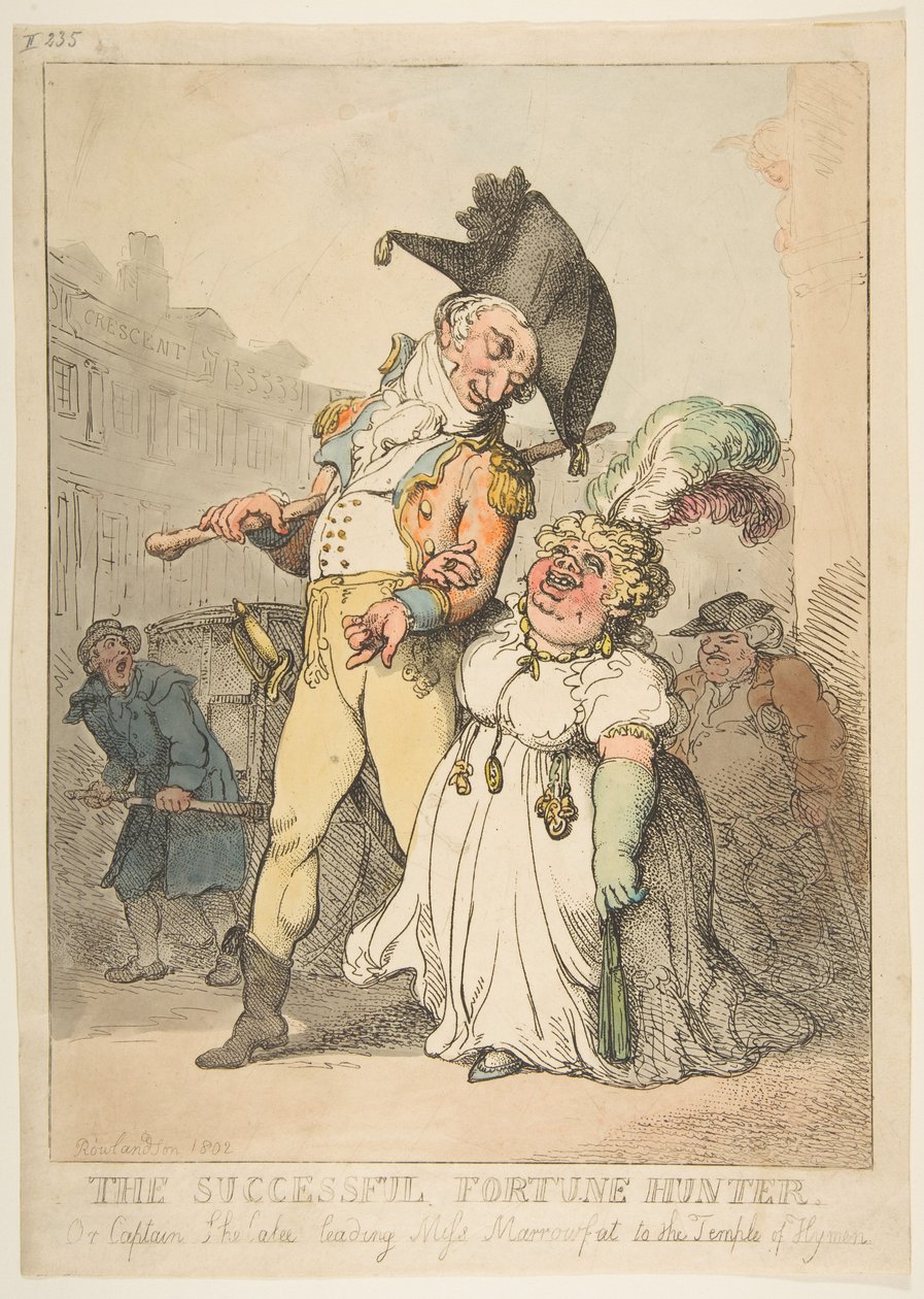 Menestyvä onnenmetsästäjä tai kapteeni Shelalee, joka johtaa neiti Marrowfatia temppeliin..., 1802. tekijältä Thomas Rowlandson