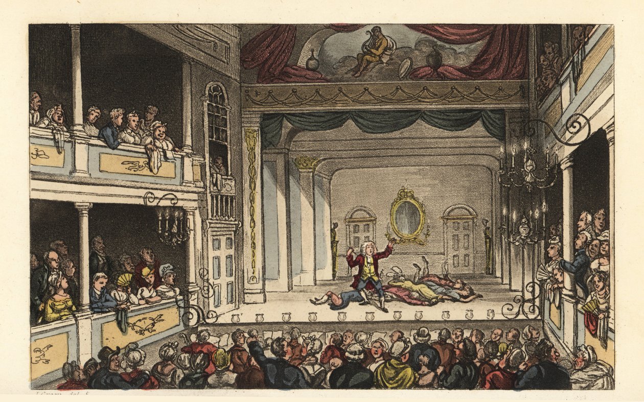 Theatre: Turistit, jotka nauttivat näytelmästä Scarborough Theatressa. Thomas Rowlandsonin käsinvärinen kuparikaiverrus J. Greenin luonnoksen jälkeen teoksesta Poetical Sketches of Scarborough, Ackermann, Lontoo tekijältä Thomas Rowlandson