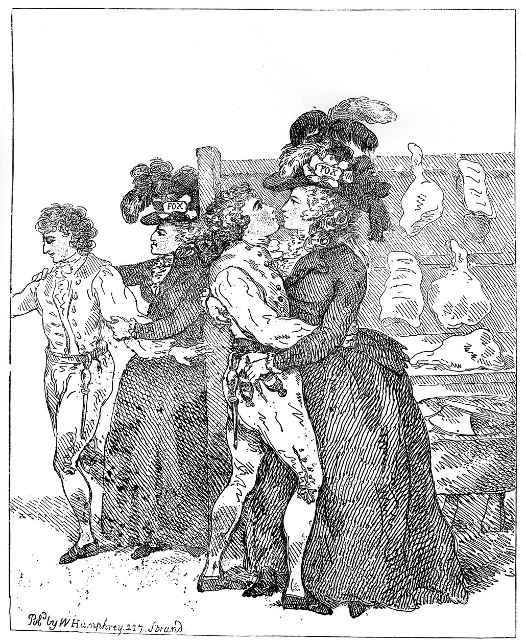 Kaksi isänmaallista herttuattaretta kankaallaan pyytäen ennakkoäänestystä, 1784. tekijältä Thomas Rowlandson