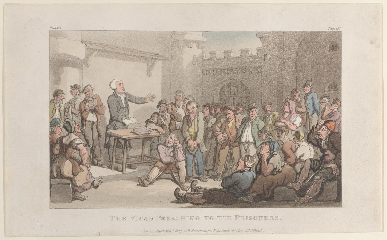 Kirkkoherra saarnaa vangeille, julkaisusta The Vicar of Wakefield, 1. toukokuuta 1817, 1. toukokuuta 1817. tekijältä Thomas Rowlandson