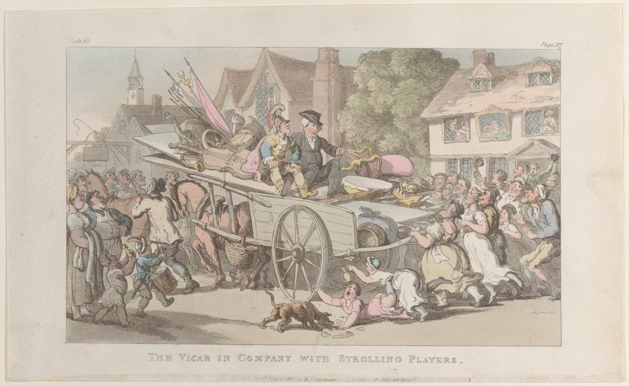 Vicar yhdessä Strolling Playersin kanssa, The Vicar of Wakefield, 1. toukokuuta ..., 1. toukokuuta 1817. tekijältä Thomas Rowlandson