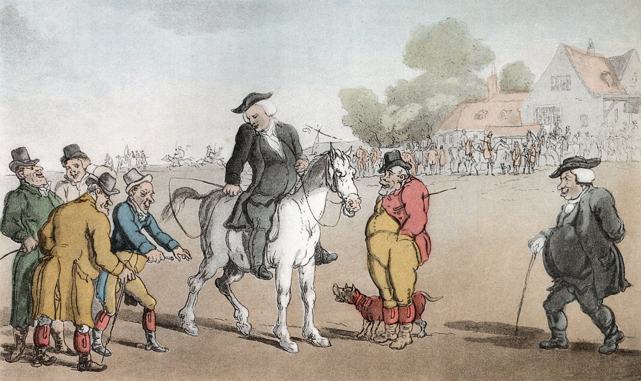 Vicar myy hevostaan, kuvitus Oliver Goldsmithin teoksesta "The Vicar of Wakefield", pubi. Ackermann, 1817 (käsinvärinen akvatinta) tekijältä Thomas Rowlandson