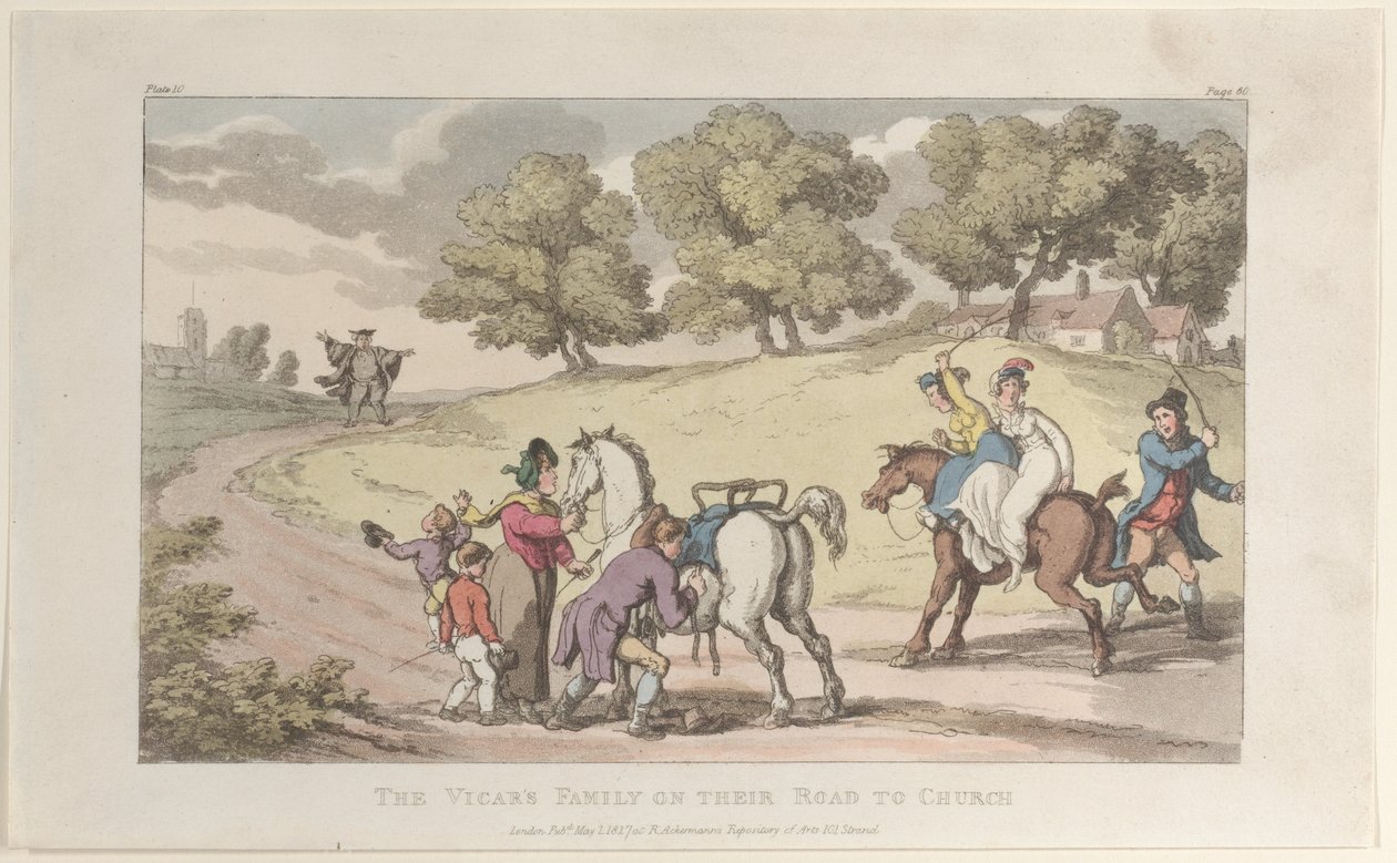 Kirkkoherran perhe matkalla kirkkoon, The Vicar of Wakefield, 1. toukokuuta 1817, 1. toukokuuta 1817 tekijältä Thomas Rowlandson