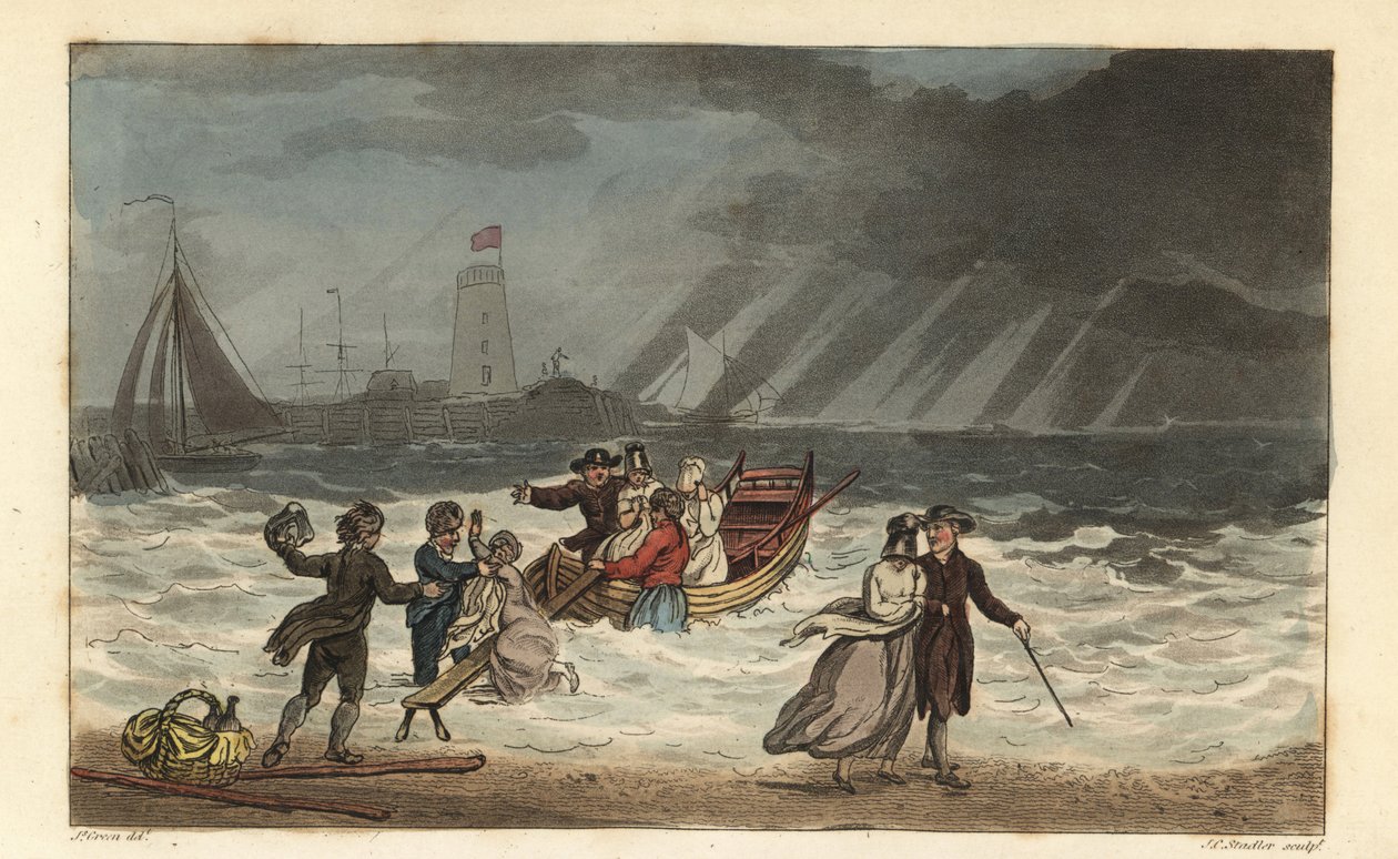Vesijuhlat: turistit jättävät merimatkan huonon sään vuoksi. Käsinvärinen kuparikaiverrus Thomas Rowlandson, akvatinta J.C. Stadler, J. Greenin luonnoksen perusteella teoksesta Poetical Sketches of Scarborough, Ackermann, Lontoo tekijältä Thomas Rowlandson