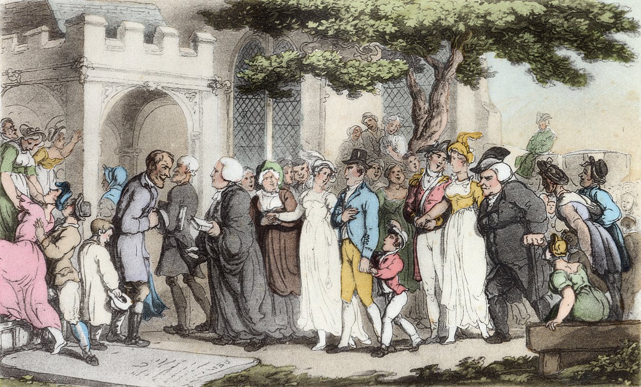 Häät, kuvitus Oliver Goldsmithin teoksesta "The Vicar of Wakefield", pubi. Ackermann, 1817 (käsinvärinen akvatinta) tekijältä Thomas Rowlandson