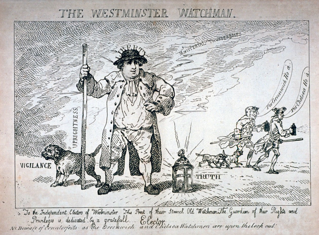 "The Westminster Watchman", 1784 tekijältä Thomas Rowlandson