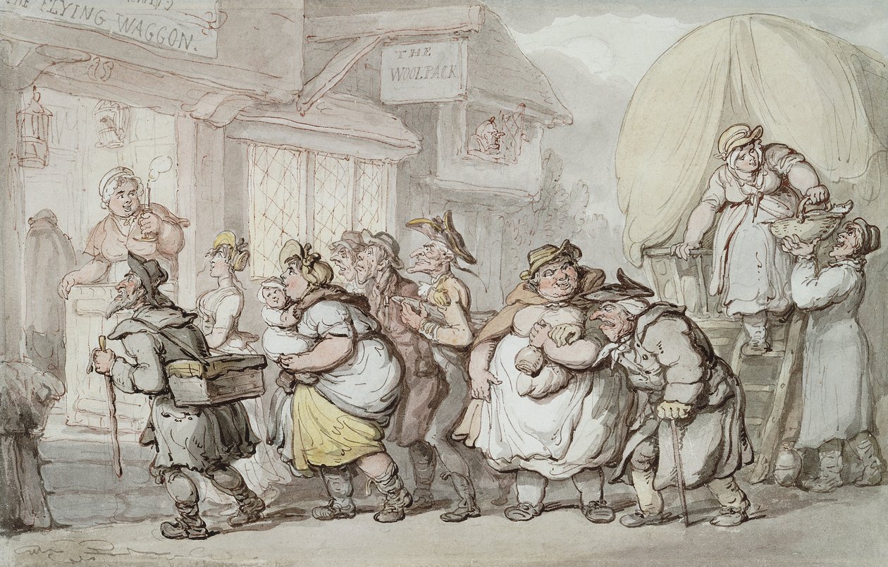 Woolpack Inn: The Flying Waggonin saapuminen, tekijältä Thomas Rowlandson