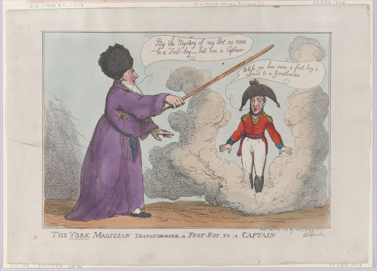 Yorkin taikuri muuttamassa jalkapojan kapteeniksi, 25. helmikuuta 1809, 25. helmikuuta 1809. tekijältä Thomas Rowlandson