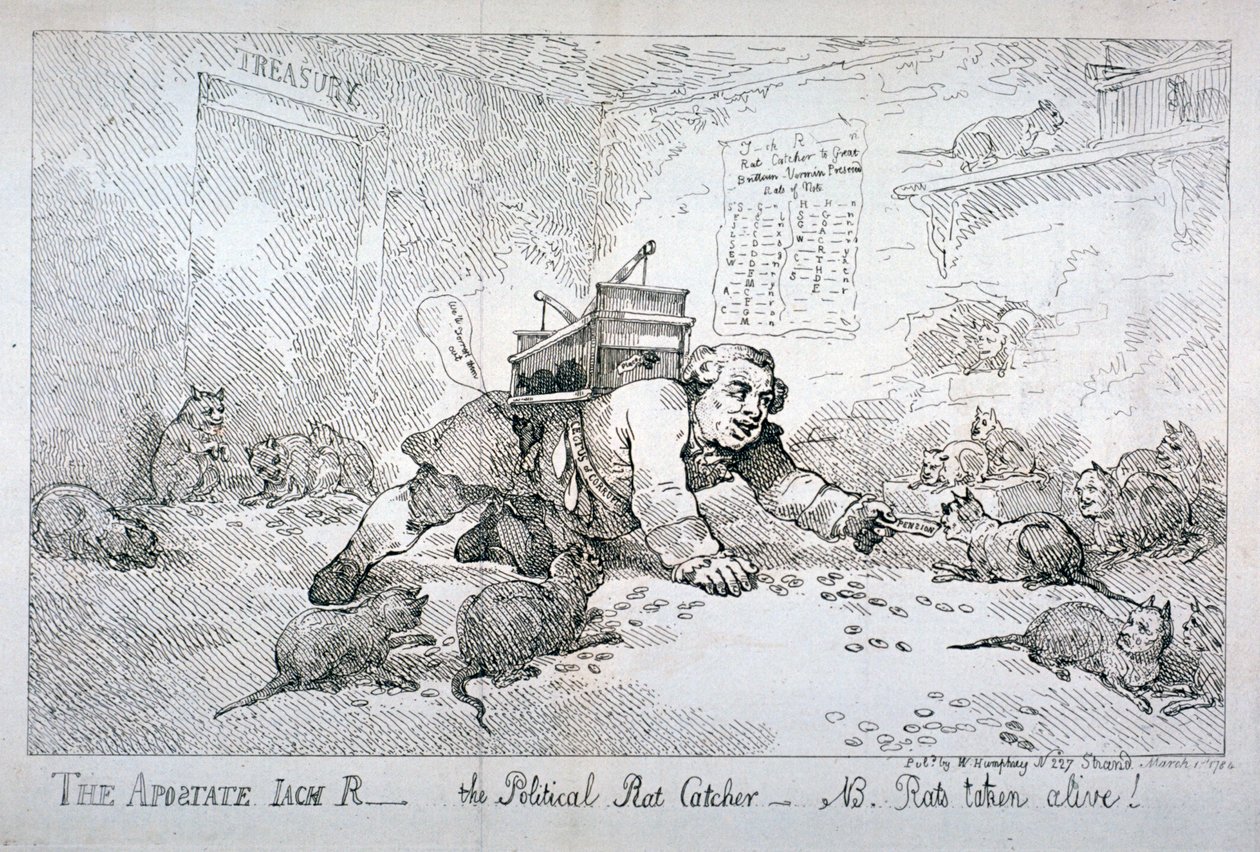 Luopio Jack R - poliittinen rotanpyytäjä - HUOM. Rotat otettu elävinä!", 1784. tekijältä Thomas Rowlandson