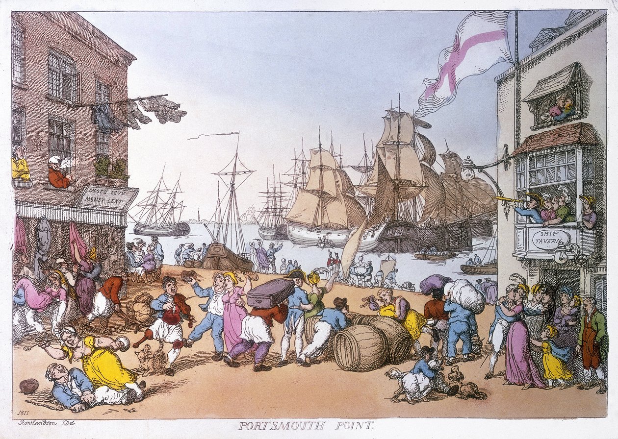 Portsmouthin alue, tämän englantilaisen sataman toimintaa kuvaava sarjakuvaus tekijältä Thomas Rowlandson