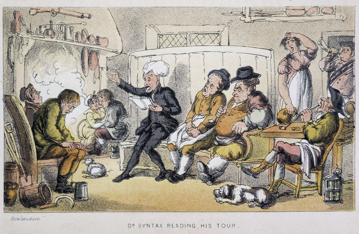 Lääkäri lukemassa hereillä - "" Doctor Syntaxin kolmella kiertueella: viehättävää lohtua ja vaimoa etsimässä" William Combe, ill. Rowlandson tekijältä Thomas Rowlandson
