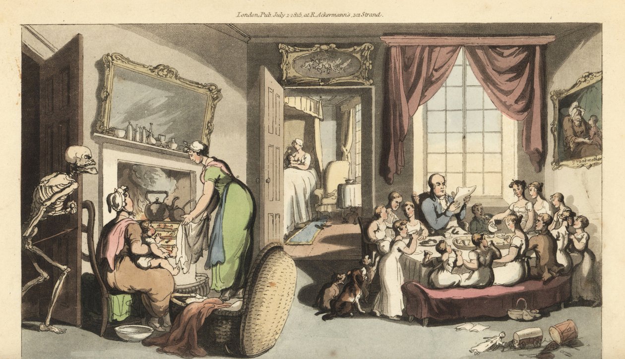Kuoleman luuranko ilmestyy suuren perheen olohuoneeseen ottamaan lapsen tai vastasyntyneen vauvan. Käsinvärinen kuparilevy, jonka on piirtänyt ja kaivertanut Thomas Rowlandson teoksesta The English Dance of Death, Ackermann, Lontoo tekijältä Thomas Rowlandson