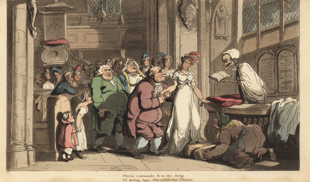 Kuoleman luuranko pappina, joka juhlii nuoren naisen ja ruman vanhan miehen häitä. Käsinvärinen kuparilevy, jonka on piirtänyt ja kaivertanut Thomas Rowlandson teoksesta The English Dance of Death, Ackermann, Lontoo tekijältä Thomas Rowlandson