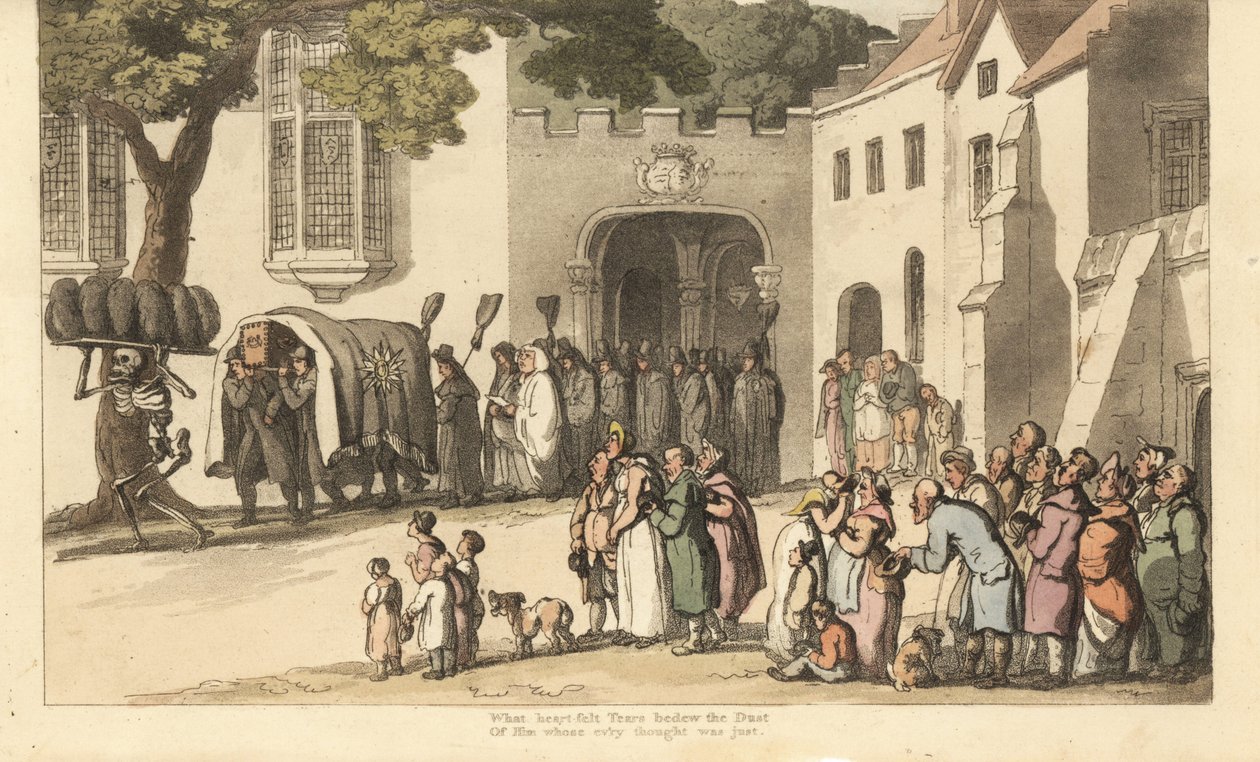 Kuoleman luuranko kantaa mustia hautajaisia lordi Rolandin korteesin edellä. Hyvä ja Suuri. Käsinvärinen kuparilevy, jonka on piirtänyt ja kaivertanut Thomas Rowlandson teoksesta The English Dance of Death, Ackermann, Lontoo tekijältä Thomas Rowlandson