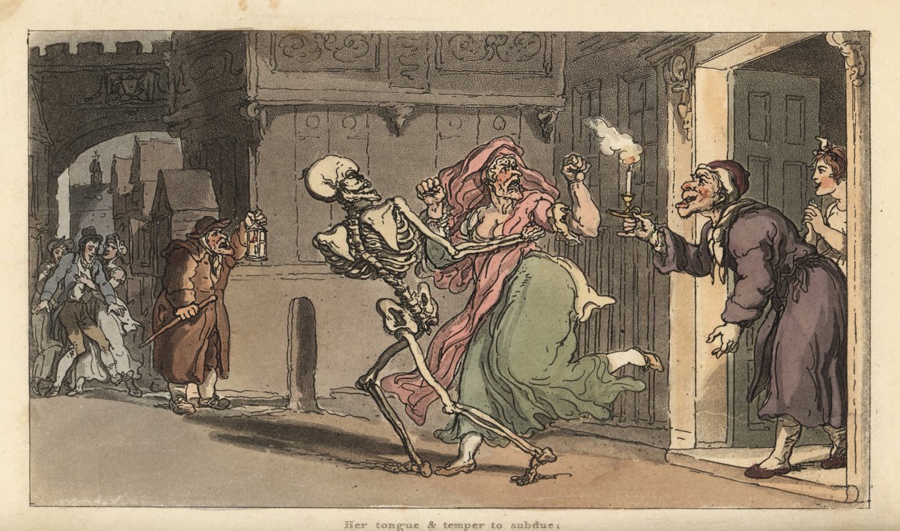 Kuoleman luuranko kantaa Viragon talosta, kun yövartija lyhtyineen katsoo sitä. Käsinvärinen kuparilevy, jonka on piirtänyt ja kaivertanut Thomas Rowlandson teoksesta The English Dance of Death, Ackermann, Lontoo tekijältä Thomas Rowlandson