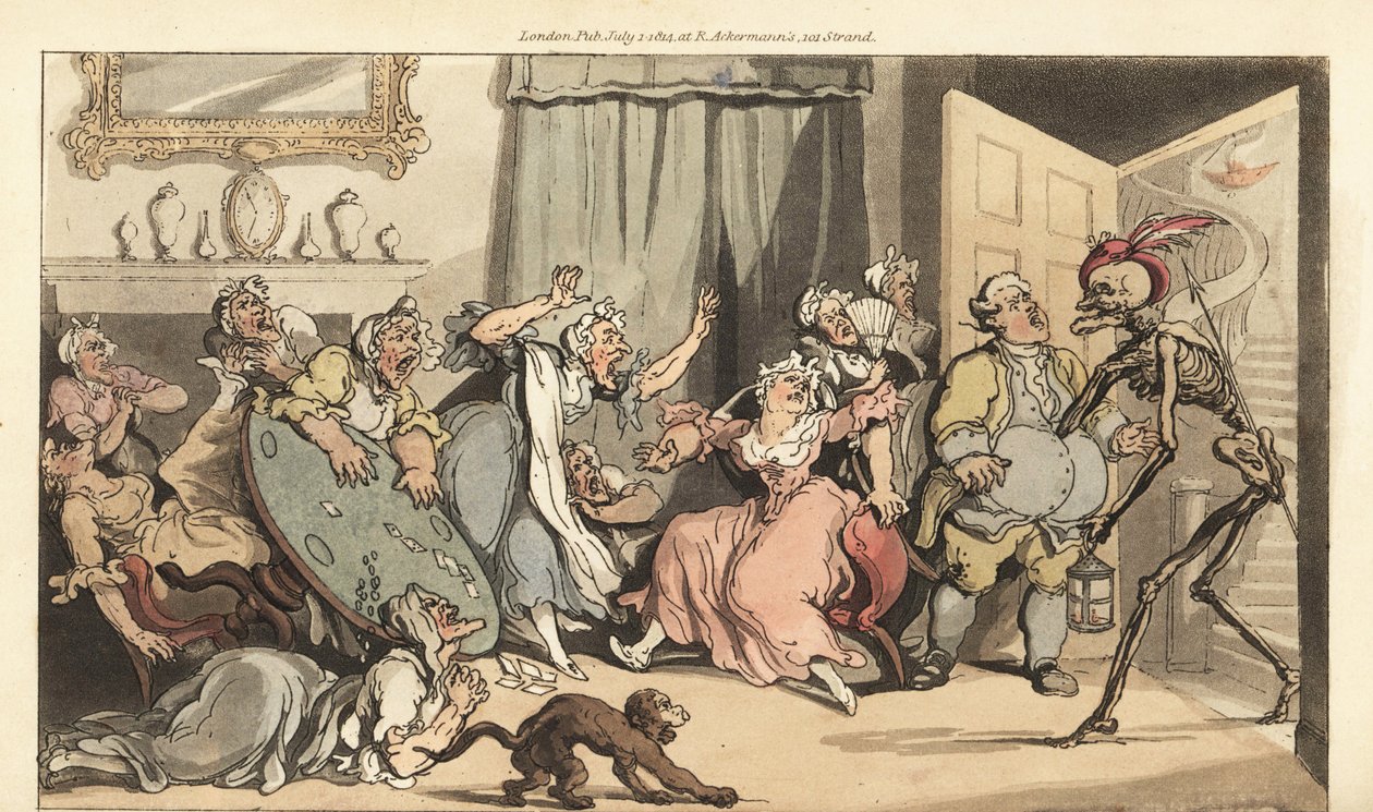 Kuoleman luuranko tulee Miss Mustardille, yhdelle salissa korttia pelaavista vanhoista neitoista. Käsinvärinen kuparilevy, jonka on piirtänyt ja kaivertanut Thomas Rowlandson teoksesta The English Dance of Death, Ackermann, Lontoo tekijältä Thomas Rowlandson