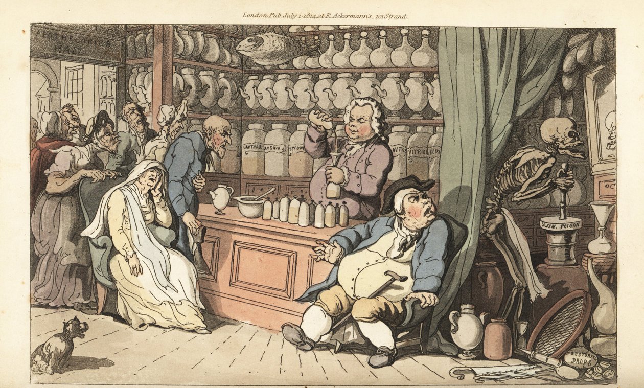 Kuoleman luuranko jauhaa hidasta myrkkyä Quack Doctorin kaupassa, kun puoskari kaataa tappavaa lääkettä pulloon. Käsinvärinen kuparilevy, jonka on piirtänyt ja kaivertanut Thomas Rowlandson teoksesta The English Dance of Death, Ackermann, Lontoo tekijältä Thomas Rowlandson
