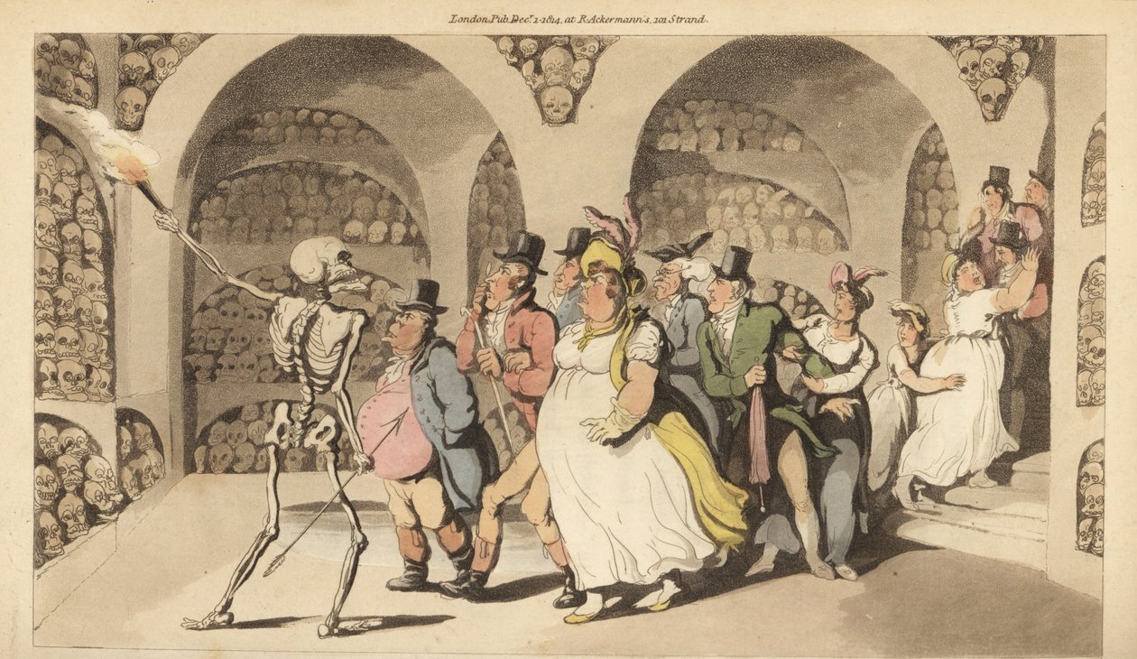Kuoleman luuranko opastaa turisteja Pariisin katakombien läpi. Käsinvärinen kuparilevy, jonka on piirtänyt ja kaivertanut Thomas Rowlandson teoksesta The English Dance of Death, Ackermann, Lontoo tekijältä Thomas Rowlandson