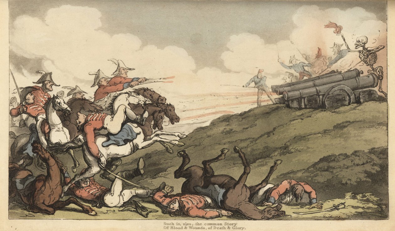 Kuoleman luuranko laukaisee tykkitulen englantilaisen ratsuväen hyökkäykseen. Käsinvärinen kuparilevy, jonka on piirtänyt ja kaivertanut Thomas Rowlandson teoksesta The English Dance of Death, Ackermann, Lontoo tekijältä Thomas Rowlandson