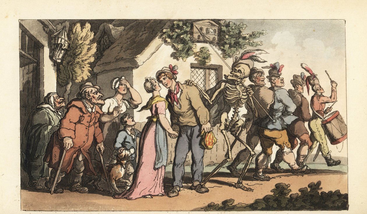 Kuoleman luuranko johtaa nuoren värvätyn liittymään armeijaan jättäen tytön ja perheensä taakse. Käsinvärinen kuparilevy, jonka on piirtänyt ja kaivertanut Thomas Rowlandson teoksesta The English Dance of Death, Ackermann, Lontoo tekijältä Thomas Rowlandson
