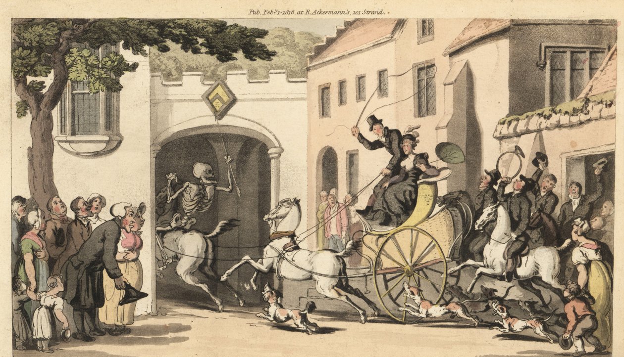 Kuoleman luuranko ratsastaa korkean tandemin edellä kantaen seuraavan tuomionsa perillisen matalan kaaren alla. Käsinvärinen kuparilevy, jonka on piirtänyt ja kaivertanut Thomas Rowlandson teoksesta The English Dance of Death, Ackermann, Lontoo tekijältä Thomas Rowlandson