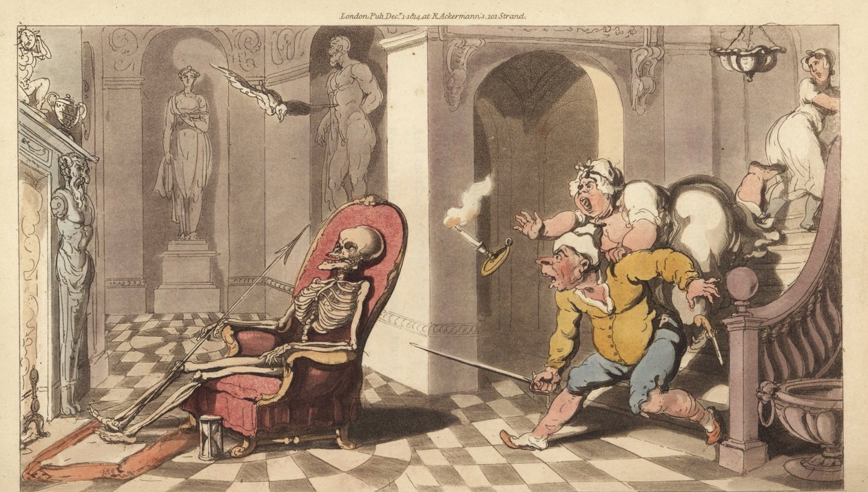 Kuoleman luuranko istuu suuren talon portieerin tuolissa, kun kauhuissaan palvelijat tulevat alas portaita tutkimaan asiaa. Käsinvärinen kuparilevy, jonka on piirtänyt ja kaivertanut Thomas Rowlandson teoksesta The English Dance of Death, Ackermann, Lontoo tekijältä Thomas Rowlandson