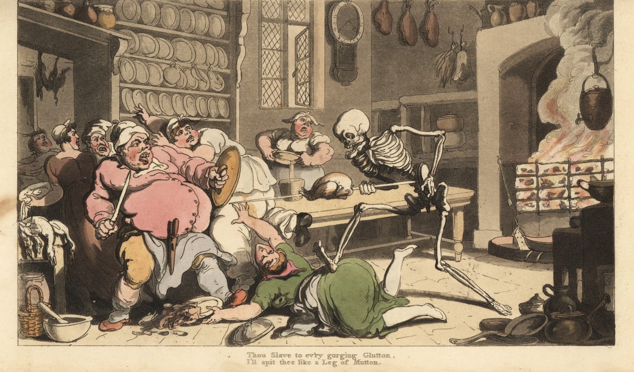 Kuoleman luuranko puukottaa lihavan kokin kuoliaaksi vartaalla, jolla on paistettu kana. Käsinvärinen kuparilevy, jonka on piirtänyt ja kaivertanut Thomas Rowlandson teoksesta The English Dance of Death, Ackermann, Lontoo tekijältä Thomas Rowlandson
