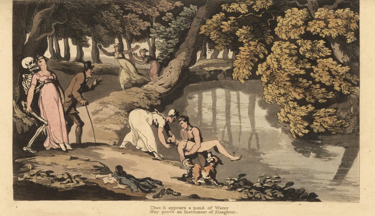 Kuoleman luuranko vie äidin, kun hän näkee poikansa eloton ruumiin vedettynä järvestä. Käsinvärinen kuparilevy, jonka on piirtänyt ja kaivertanut Thomas Rowlandson teoksesta The English Dance of Death, Ackermann, Lontoo tekijältä Thomas Rowlandson