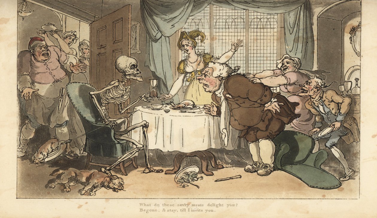 Kuoleman luuranko tikkataulun ja tiimalasin kera tulee syömään illallisella. Käsinvärinen kuparilevy, jonka on piirtänyt ja kaivertanut Thomas Rowlandson teoksesta The English Dance of Death, Ackermann, Lontoo tekijältä Thomas Rowlandson
