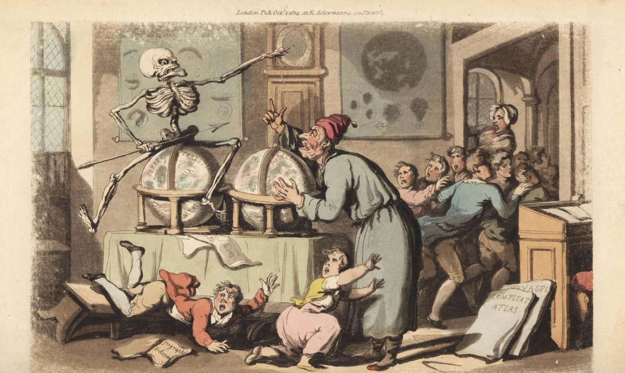 Kuoleman luuranko nuolellaan tulee koulumestarin luo, kun hän opettaa tähtitiedettä kauhuissaan pakeneville lapsille. Käsinvärinen kuparilevy, jonka on piirtänyt ja kaivertanut Thomas Rowlandson teoksesta The English Dance of Death, Ackermann, Lontoo tekijältä Thomas Rowlandson