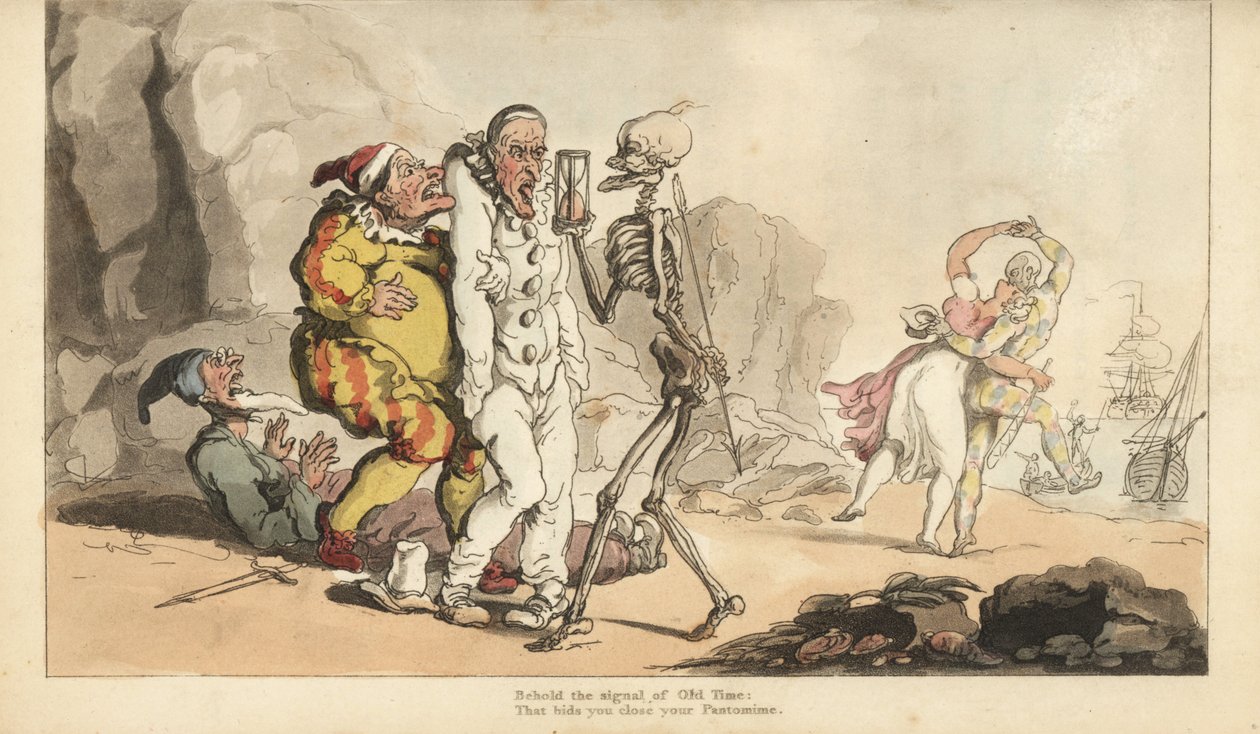 Kuoleman luuranko tiimalasilla ja tikkalla tulee Pierrotille ja muille klovneille, kun taas arlekiini tanssii naisen kanssa rannalla. Käsinvärinen kuparilevy, jonka on piirtänyt ja kaivertanut Thomas Rowlandson teoksesta The English Dance of Death, Ackerma tekijältä Thomas Rowlandson