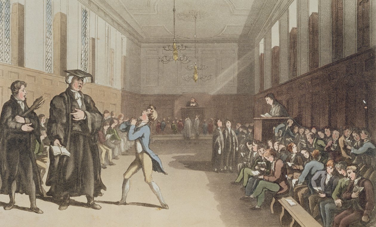 Ankara opettaja pyytää uhkaavalla iskullaan sauvan viisaan korjauksen, kirjasta A Compendious Traatise on Modern Education, 1802 (käsinvärinen syövytetty levy) tekijältä Thomas Rowlandson