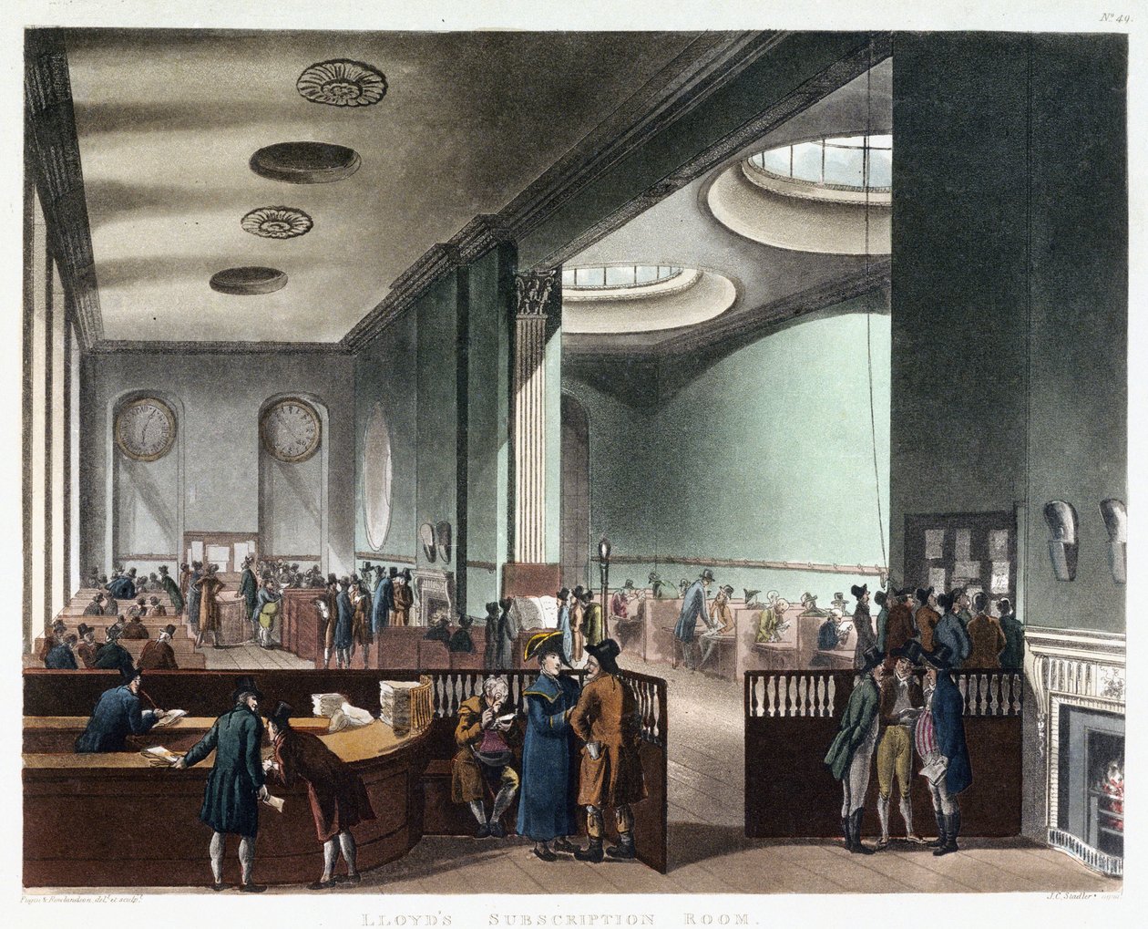Lloyd of London -vakuutusyhtiön, joka aloitti kaupankäynnin Edward Lloydin (kuoli 1713) kahvilassa Tower Streetillä Lontoossa, Englannissa 1600-luvulla, vakuutusten merkintähuone. tekijältä Thomas Rowlandson