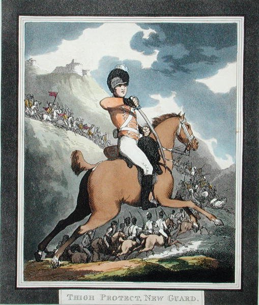 Thigh Protect, New Guard, Unkarin ja Highland Broadswordista, julkaistu 1798 (akvatinta) tekijältä Thomas Rowlandson