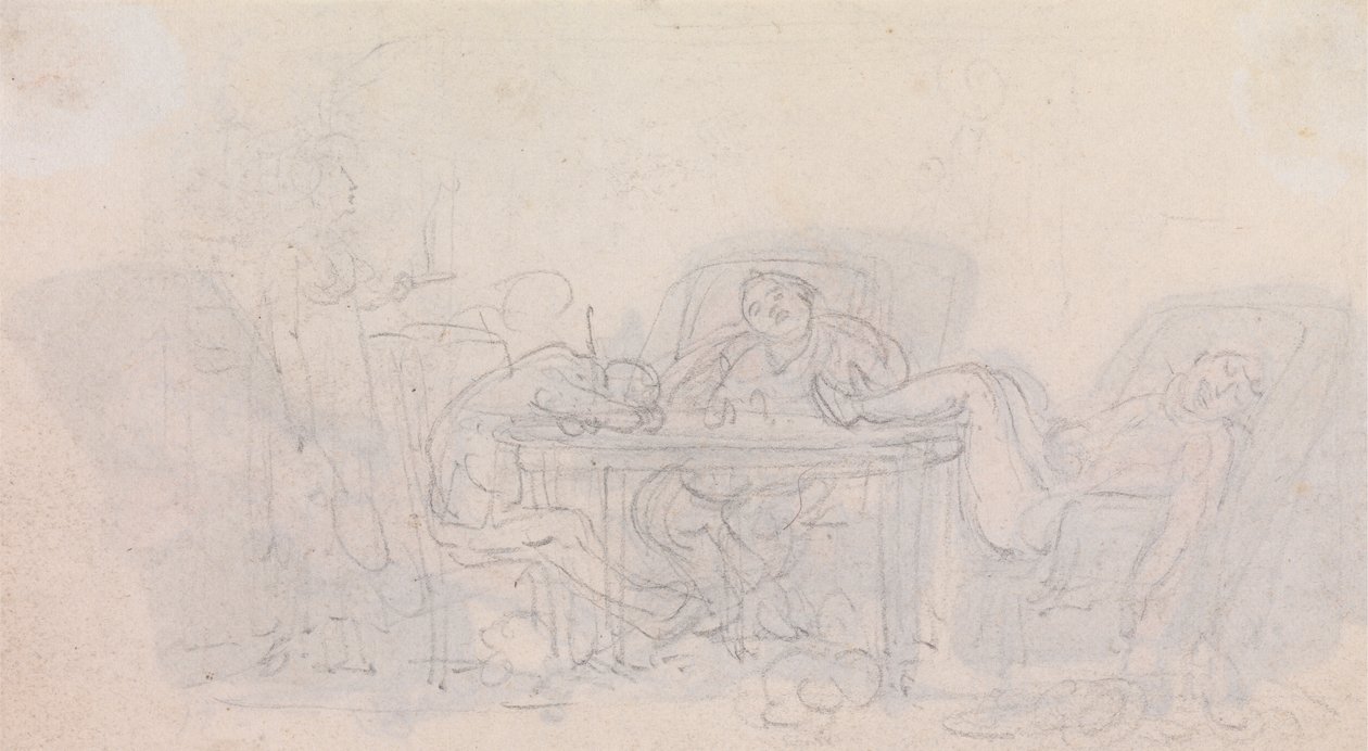Kolme urheilijaa nukkumassa pöydän ääressä tuoleillaan tekijältä Thomas Rowlandson