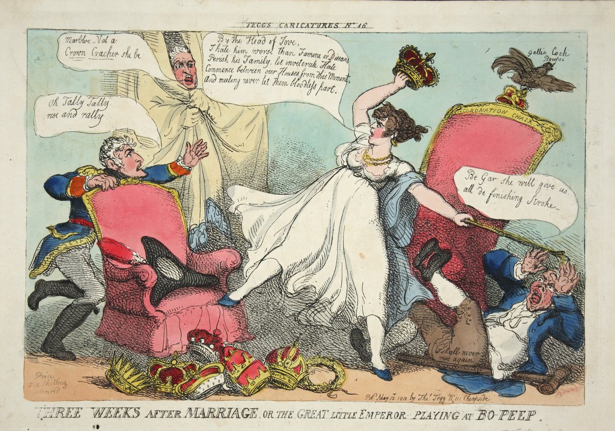 Kolme viikkoa avioliiton jälkeen tai Suuri pieni keisari soittamassa Bo-Peepiä, pub. 1810 (käsinvärinen kaiverrus) tekijältä Thomas Rowlandson