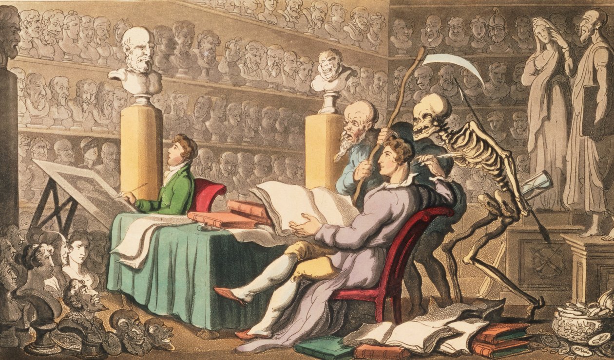 Aika ja kuolema heidän ajatuksensa ImpartOn oppimisen ja taiteen teoksia "English Dance of Death" -pubista. kirjoittanut Rudolph Ackermann (1764-1834) 1814 (akvatinta) tekijältä Thomas Rowlandson
