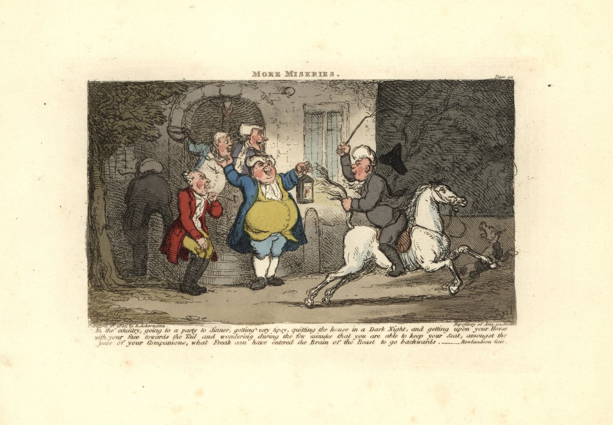 Tyhmä mies ratsastaa hevosella häntää vasten. tekijältä Thomas Rowlandson