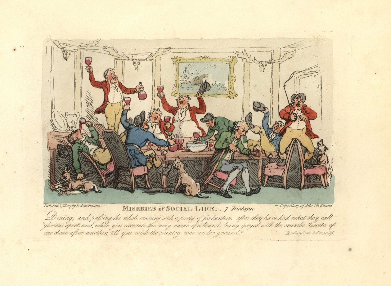 Väsynyt ja humalainen mies raivokkaassa illallisjuhlissa kettunmetsästäjien kanssa. tekijältä Thomas Rowlandson