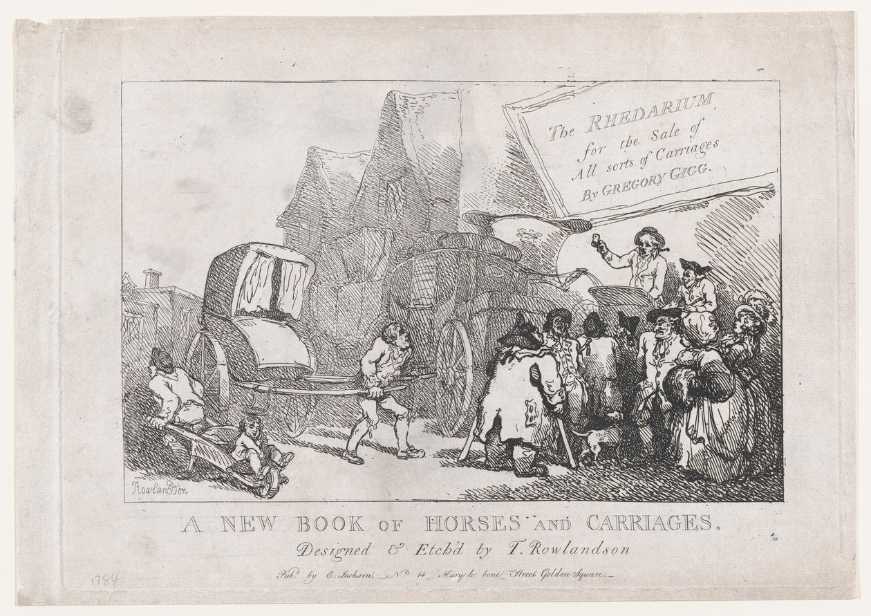 Nimisivu: Uusi kirja hevosista ja vaunuista, tai Rhedarium kaikenlaisten myyntiin..., 1784. tekijältä Thomas Rowlandson