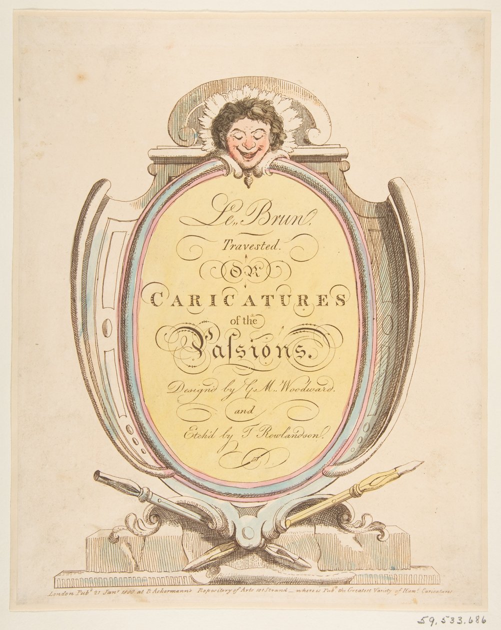 Nimisivu: Le Brun Travested eli Karikatyyreja Passioista, 21. tammikuuta 1800. tekijältä Thomas Rowlandson