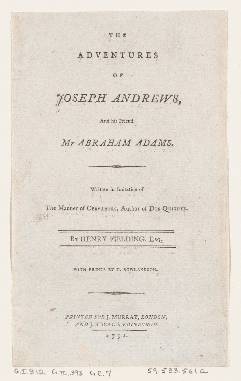 Nimisivu: Joseph Andrewsin ja hänen ystävänsä herra Abraham Adamsin seikkailut, 1792, 1792. tekijältä Thomas Rowlandson