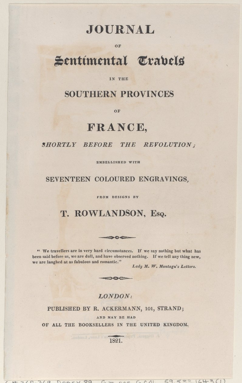 Nimisivu, Journal of Sentimental Travels in the Southern Provinces of France, Shor..., 1821. tekijältä Thomas Rowlandson