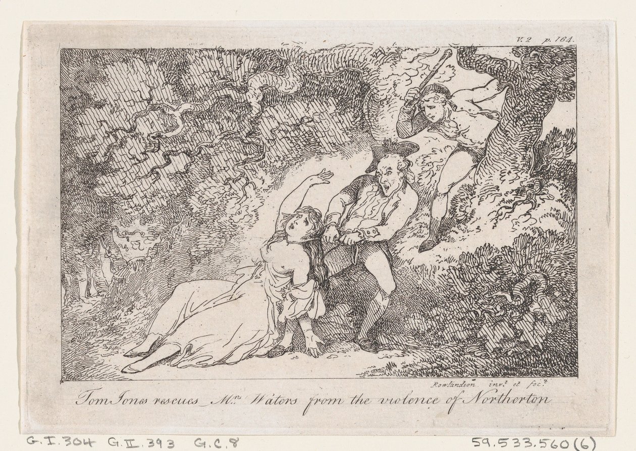 Tom Jones pelastaa rouva Watersin Northertonin väkivallasta, The History of Tom Jon..., 1792. tekijältä Thomas Rowlandson