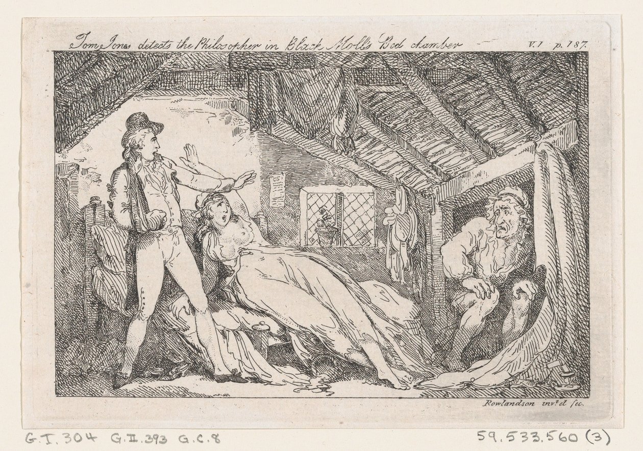 Tom Jones havaitsee Filosofin elokuvassa Black Molls Bedchamber, The History of Tom Jones, ..., 1792. tekijältä Thomas Rowlandson